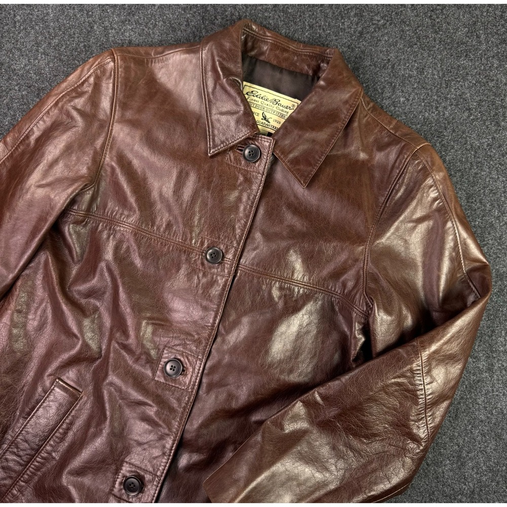 Vintage Eddie Bauer Leather Outer Jacket Womens Size XS Brown 4 Button Yoke Coat - Picture 3 of 10